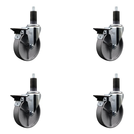 Service Caster 5'' Semi Steel Swivel 1-1/4'' Expanding Stem Caster Set with Brake, 4PK SCC-EX20S515-SSR-PLB-114-4
